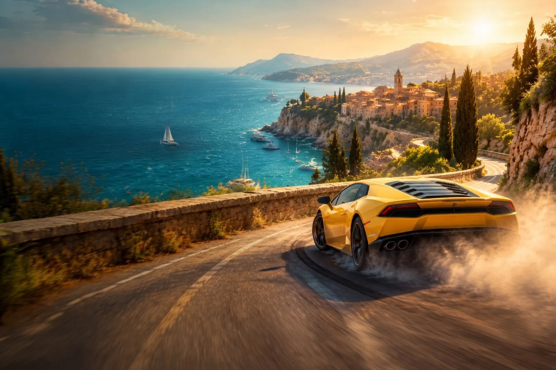 Yellow sports car on a coastal road at sunset, original hero art