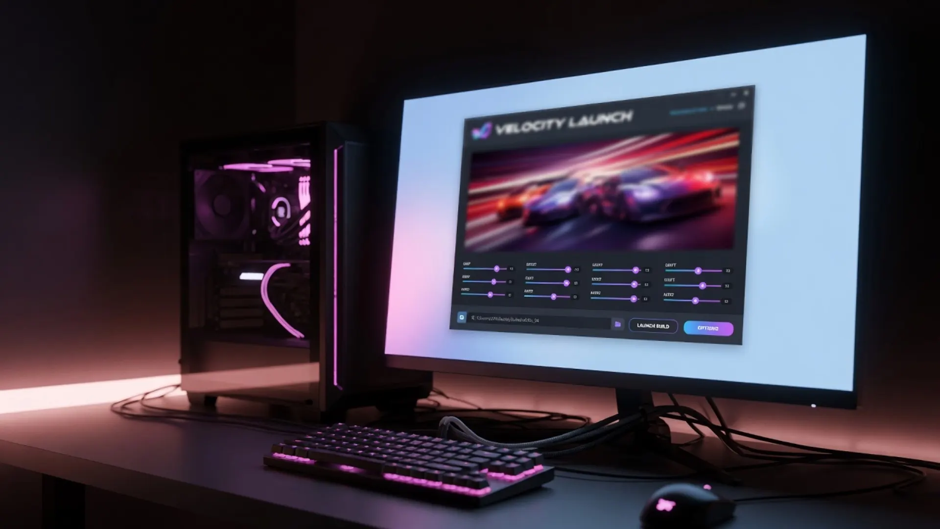 Generated illustration of a desktop PC with a generic launcher on the monitor